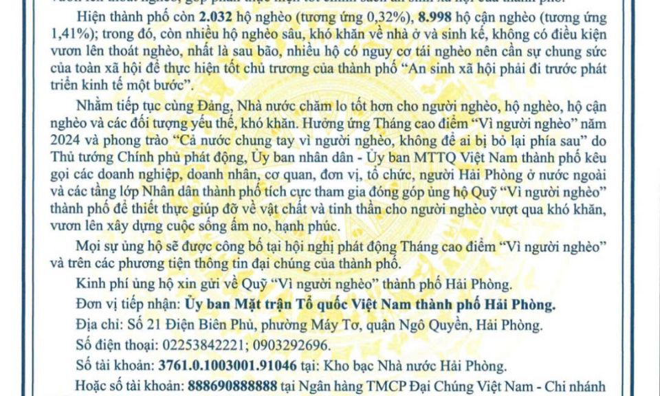 Thư ngỏ: Ủng hộ Quỹ " V&igrave; người ngh&egrave;o" năm 2024 v&agrave; Th&ocirc;ng tin tiếp nhận ủng hộ