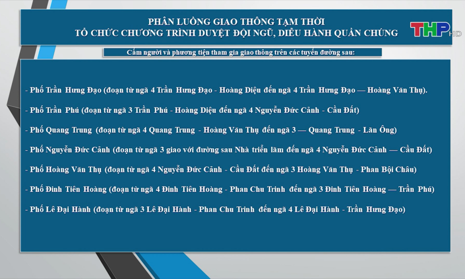 Phân luồng giao thông tạm thời cho Chương trình duyệt đội ngũ, diễu hành quần chúng dịp 13/5