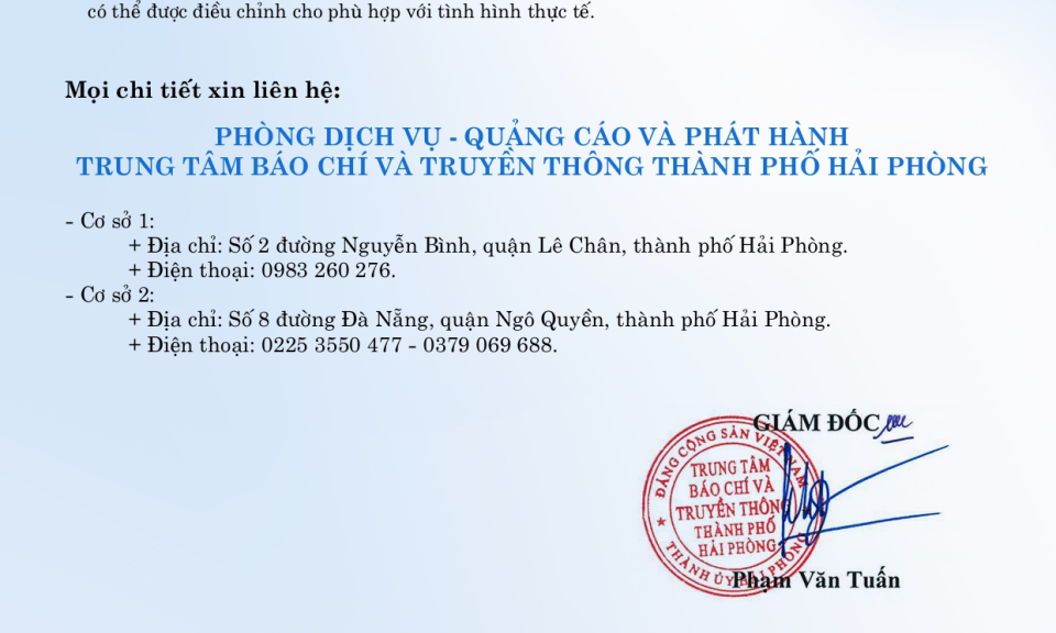 BẢNG GIÁ QUẢNG CÁO (Áp dụng từ ngày 29/04/2025)