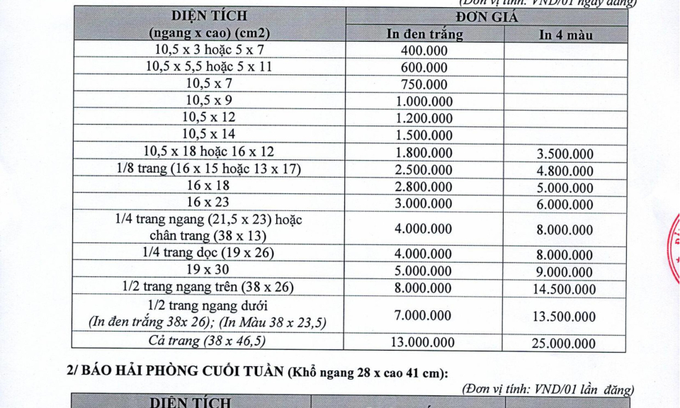 Bảng giá quảng cáo và hỗ trợ tuyên truyền