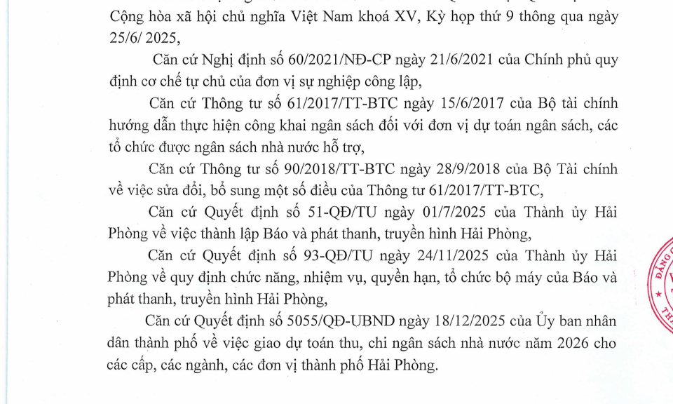 Quyết định về việc c&ocirc;ng khai dự to&aacute;n thu - chi năm 2026