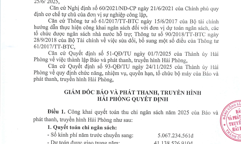 Quyết định về việc c&ocirc;ng khai quyết to&aacute;n năm 2025