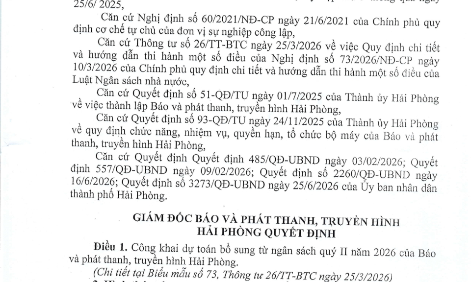 Quyết định về việc c&ocirc;ng khai dự to&aacute;n bổ sung từ ng&acirc;n s&aacute;ch qu&yacute; II năm 2026